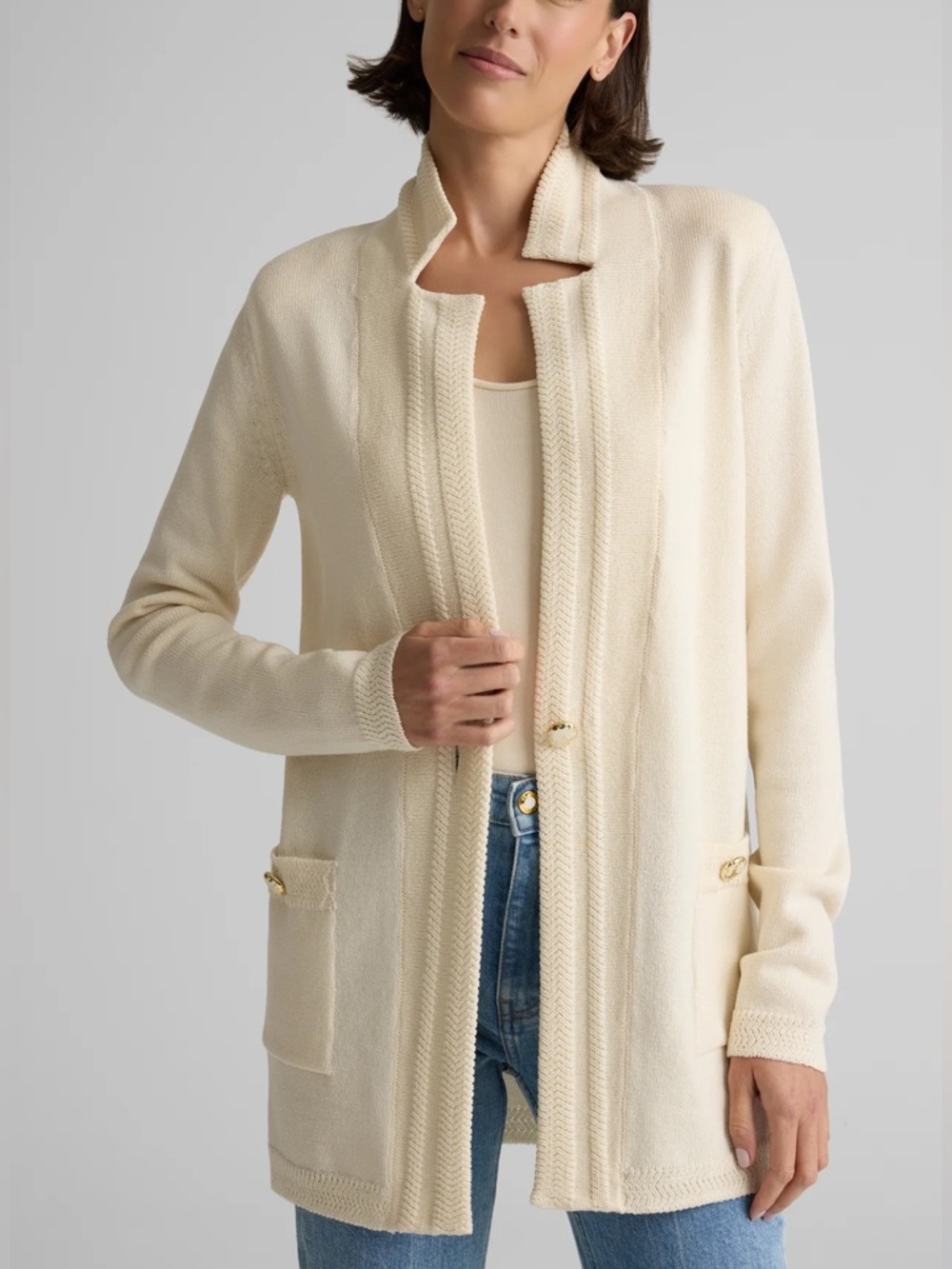 St. John Cream Calista Open-Front Knit Cardigan with Gold Accents